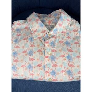 Peter Millar Seaside Paradise Button Up Flamingo Shirt Men  sz L Stretch Pocket